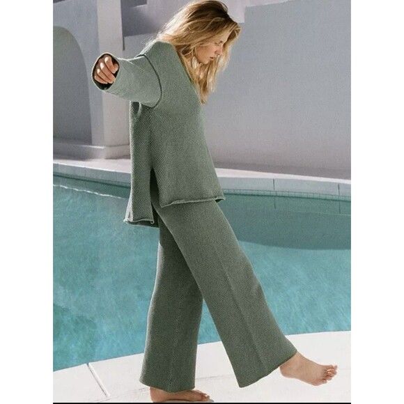 Free People Beach Hailee Waffle Knit Cropped Pant Size Medium Green - Picture 5 of 9